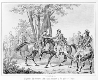 Op 26 oktober 1860 ontmoette Giuseppe Garibaldi koning Victor Emmanuel II nabij Teano. Gravure uit de 19e eeuw door Unknown artist