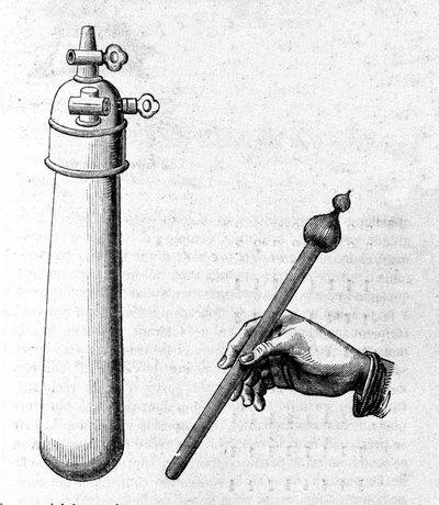 Links een container gebruikt voor het eerste experiment van de waterhamer (rechts afgebeeld) om aan te tonen dat in het vacuüm vloeistoffen vallen als een vaste massa. Gravure door Unknown artist
