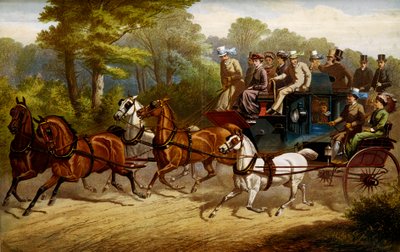 Op weg naar de derby. Fiacre en omnibus getrokken door paarden op weg naar een derby door Unknown artist