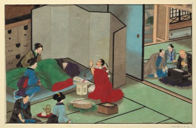 Een van zestien scènes van de dood en begrafenis van een man door Unknown artist