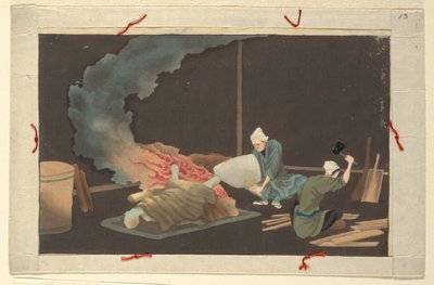 Een van zestien scènes van de dood en begrafenis van een man door Unknown artist