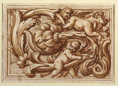 Een van een set ontwerpen voor een titelpagina en decoratie van een horizontaal paneel door Unknown artist