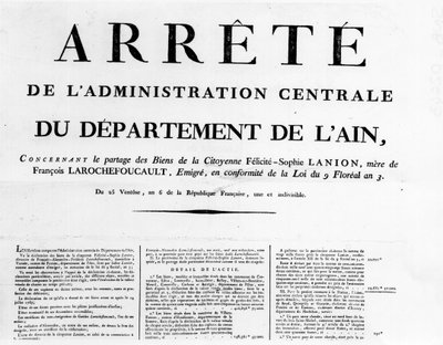 Bevel van de centrale administratie van het departement Ain - Rochefoucauld Familiearchieven. door Unknown artist