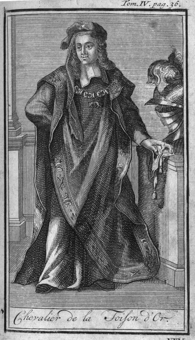 Ridderorden. Ridder van de Orde van het Gulden Vlies in Spanje in de 15e eeuw. In "Geschiedenis van militaire orden of ridders, van de seculiere en reguliere milities van beide geslachten, die tot nu toe zijn opgericht. Editie genomen van Abbe Giustiniani door Unknown artist