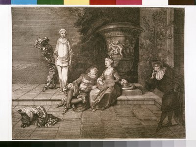 Originele Gravure met Pierrot links door Unknown artist