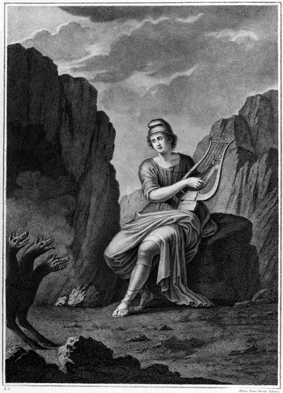 Orpheus bij de ingang van de onderwereld ontmoet Cerberus. Lithografie. 19e eeuw door Unknown artist