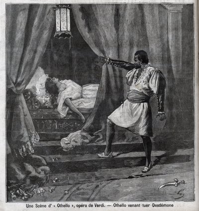 Othello heeft zojuist Desdemona in zijn bed vermoord. Scène uit de opera 