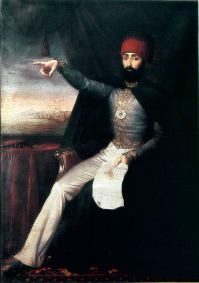 Ottomaanse Rijk: Portret van Sultan Mahmud II (1784-1839) Het is representatief wijzend met zijn vinger mogelijk om het bevel aan te geven om de Janitsaren te slachten. Anoniem olieverfschilderij. 1808-1839 Istanboel, Topkapi Sarayi Museum, Turkije door Unknown artist