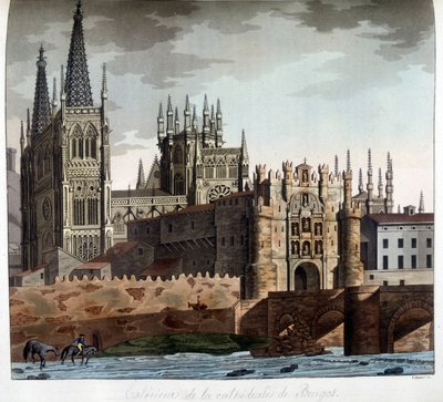 Buitenkant van de gotische kathedraal van Sint-Maria in Burgos in Spanje. Lithografie uit de 19e eeuw. door Unknown artist