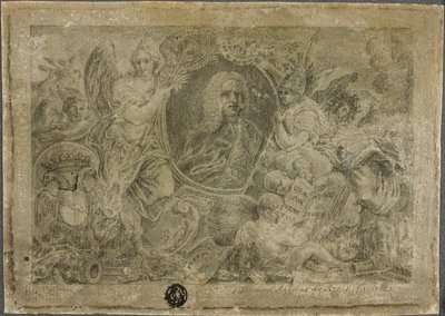 Ovale portretbuste vastgehouden door allegorische figuren door Unknown artist
