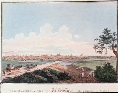 Overzicht van de stad Wenen met brug over de Donau. Oostenrijk Gravure uit 1830 Privécollectie door Unknown artist