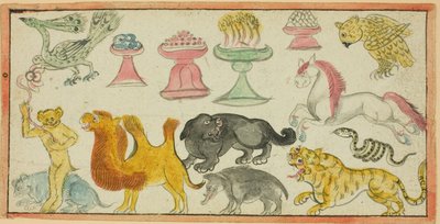 Pagina uit een manuscript met afbeeldingen van gunstige dieren en offergaven door Unknown artist