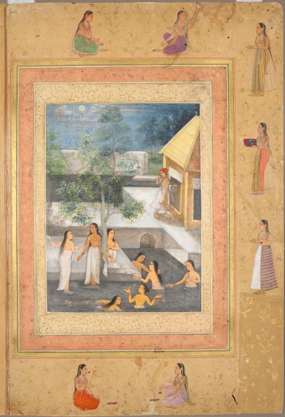 Pagina uit het Late Shah Jahan Album: Harem nachtbadscène (recto) door Unknown artist