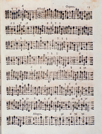 Pagina van muzikale partituur van Sonata a 2 violini, violoncello e organo, op. 5 door Giuseppe Aldrovandini (1706) door Unknown artist