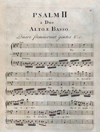 Pagina van de tweede psalm in de muzikale partituur van "De psalmen" door Benedetto Marcello door Unknown artist