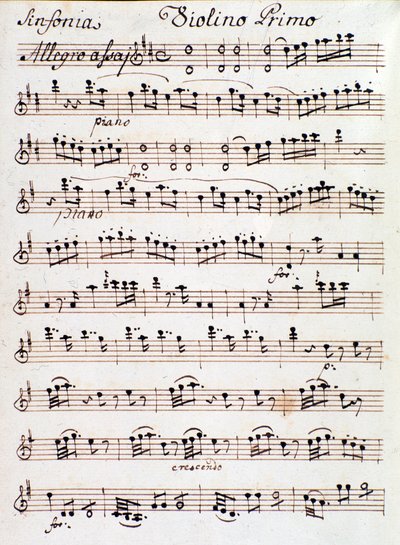 Pagina van de bladmuziek voor de eerste viool van Symfonie nr. 4 in D, door Mozart (1765) door Unknown artist