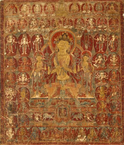 Geschilderde banier (Thangka) van Bodhisattva Manjushri met Vajrapani (rechts) en Padmapani (links) door Unknown artist