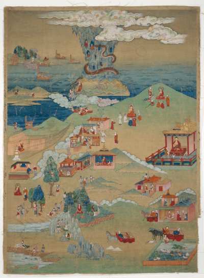 Geschilderde banier (Thangka) van vijf morele verhalen uit de Avadana Kalpalata Jataka door Unknown artist