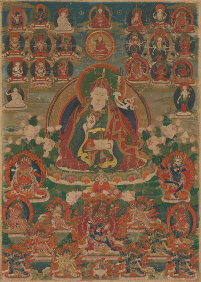 Geschilderde banier (Thangka) van de wijze Goeroe Padmasambhava zittend met een bliksemschicht (Vajra) en schedelbeker (Kapala) door Unknown artist