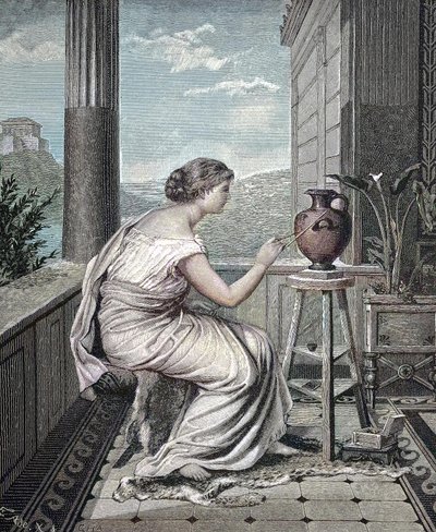 Schilder, kunstenaar, jonge Griekse vrouw schildert een vaas, historisch door Unknown artist