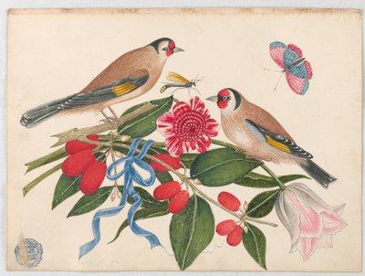 Paar Bruine Vogels met Bloesems, Bessen en een Vlinder door Unknown artist