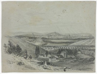 Panoramisch uitzicht op een spoorbrug en de stad door Unknown artist