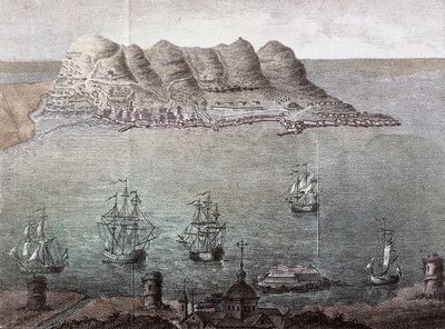 Panoramisch uitzicht op Gibraltar en de Detroit. door Unknown artist
