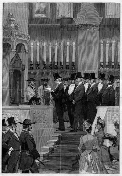 Parijs 1890: Installatie van Zadoc Kahn (Zadoc-Kahn) (1839-1905) opperrabbijn van Frankrijk. Monsieur Alphonse de Rothschild (1827-1905) leest het benoemingsbevel voor door Unknown artist