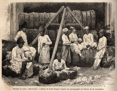 Parsi handelaren en kooplieden op de Bombay katoenmarkt. Gravure ter illustratie van de reis in de zuidelijke provincies van India, door Alfred Grandidier, in 1862-1864, gepubliceerd in Le tour du monde, 1869, onder redactie van Edouard Charton, editie Hac door Unknown artist