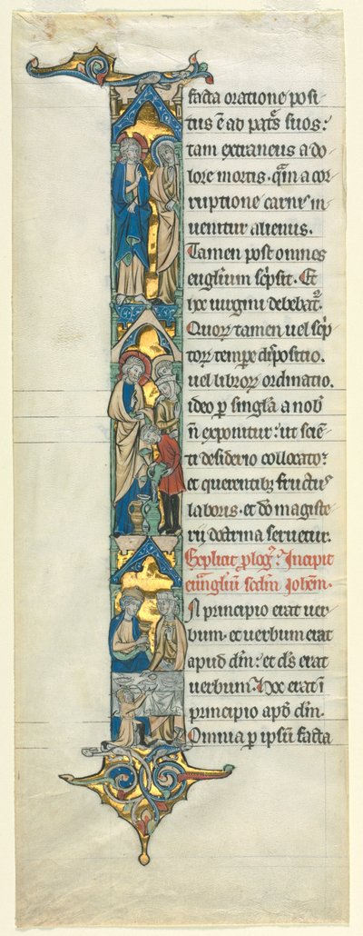 Gedeeltelijk blad uit een Latijnse Bijbel: Initiaal I[n principio] met de bruiloft te Kana door Unknown artist