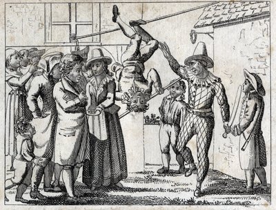 Feest in het dorp: spelletjes en verkleedpartijen. Gravure eind 18e eeuw. Privécollectie. door Unknown artist