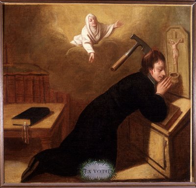 Pastoor, een bijl geplant in de schedel, gered door Sint-Anne in gebed door Unknown artist