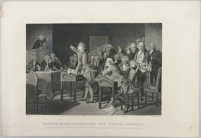 Patrick Henry spreekt de Vergadering van Virginia toe door Unknown artist