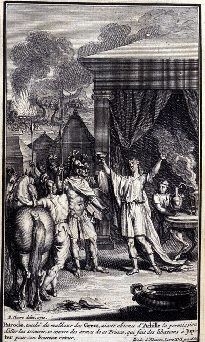 Patroclus, geraakt door het ongeluk van de Grieken, verkreeg toestemming van Achilles om hen te redden, bedekt zich met de wapens van deze prins, die offers brengt aan Jupiter voor zijn gelukkige terugkeer. Illustratie van boek XVI van de Ilias van Homerus door Unknown artist