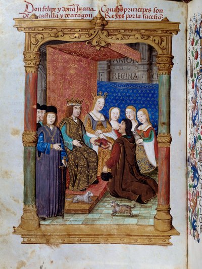 Pedro Marcuello presenteert zijn boek aan koning Filips I van Habsburg en koningin Johanna I van Castilië door Unknown artist
