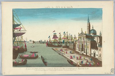 Kijkdoos, Entree van de Stad Venetië vanuit Chiogia met het Eiland St. Georges le Majeur aan de Zijkant door Unknown artist