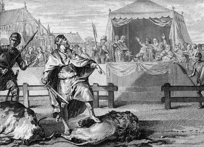 Pepijn de Korte (714-768), de nieuwe koning van de Franken, bewijst zijn moed door te vechten tegen een leeuw en een stier in een arena, 751. Gravure uit de 18e eeuw door Unknown artist