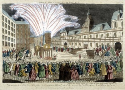 Perspectiefweergave van een vuurwerkshow voor het Hôtel de Ville ter gelegenheid van de Vrede in Parijs door Unknown artist