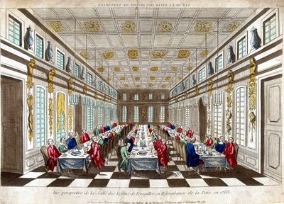 Perspectiefweergave van de Salle des Festins de Versailles ter viering van de vrede in 1763 tussen Groot-Brittannië, Frankrijk en Spanje. door Unknown artist