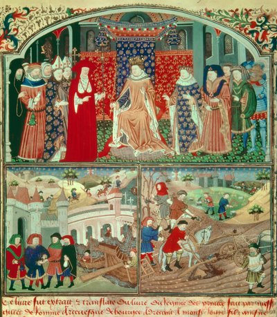 Philippe de Schone (1268-1314) met ploegscène en koopmansscène. Miniatuur in 