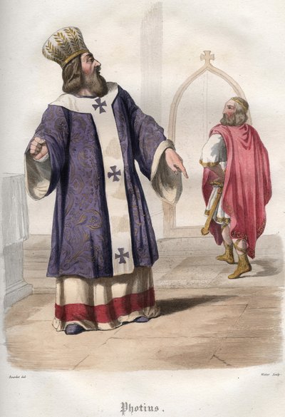 Photios I (Photius, Fotios) (810-893), patriarch van Constantinopel, die de Byzantijnse keizer Basil I de Macedoniër (813-886) uit de kerk verdrijft na de moord op keizer Michael III in 867. door Unknown artist