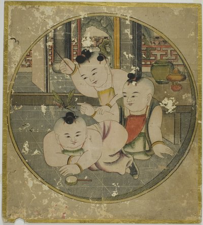 Afbeelding van bidsprinkhaan en drie kinderen 蟷螂三童図 (Tourou sandou zu) door Unknown artist