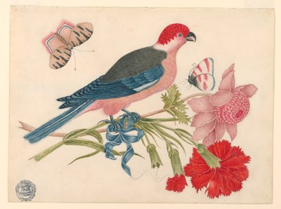 Roze, rode, blauwe en zwarte vogel op tak met bloesems en vlinders door Unknown artist
