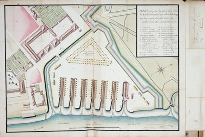 Plan van een deel van de haven en stad Rochefort met betrekking tot de voorgestelde strandingssporen tussen de oude vorm en het voedselkanaal door Unknown artist