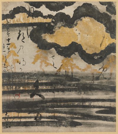Gedichtenkaart uit de Shinkokin wakashu (Nieuwe Collectie Japanse Gedichten uit Oude en Moderne Tijden) met Ontwerp van Den op een Strand door Unknown artist