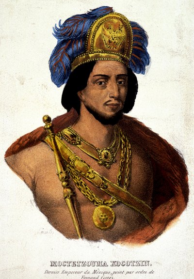 Portret in buste van Moctezuma (of Montezuma), laatste keizer van Mexico - ill. 19e eeuw n.a.v. doc. 16e eeuw door Unknown artist