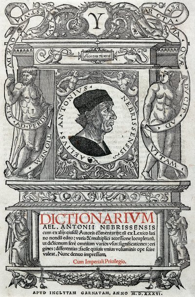 Portret van Antonio Martinez de Cala genaamd Antonio de Nebrija (1441-1522) Spaanse humanist en grammaticus. Bewaarde pagina van zijn woordenboek, gepubliceerd in 1536. Nationale Bibliotheek van Madrid. door Unknown artist