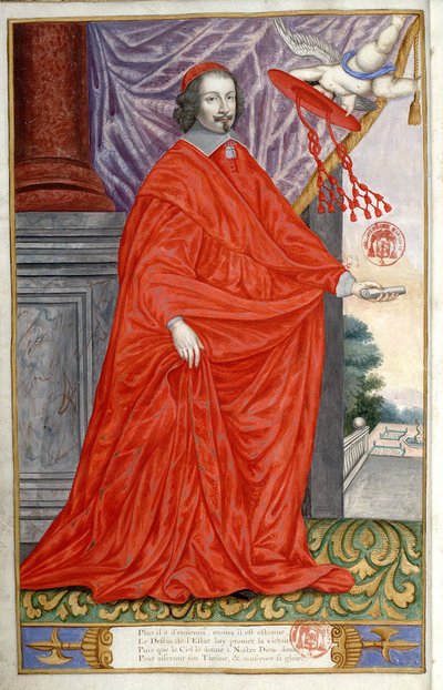 Portret van kardinaal Jules Mazarin (Giulio Raimondo Mazzarino of Mazarino) (1602-1661). Portret geschilderd op perkament in Jean Puget de La Serre, Panegyric van de illustere mannen van onze tijd. 1655 door Unknown artist