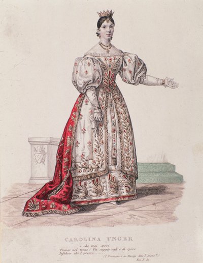 Portret van Caroline Ungher (Unger) die optreedt in I Normanni a Parigi (gravure) door Unknown artist