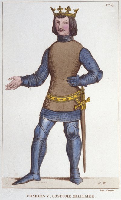 Portret van Karel V de Wijze in militair kostuum (1338 - 1380). Gravure uit 1830 door Unknown artist